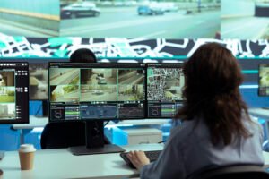 Call center employee providing shipment information via gps satellite navigation for their clients, ensuring fast delivery and order tracking service. Operator monitoring traffic for the couriers.